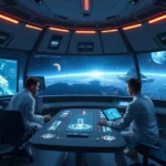 Scientists working at futuristic astronomical observation stations with holographic displays, analyzing data from space telescopes, photorealistic space-themed research facility with glowing technology and cosmic backdrops, no UI or text overlays