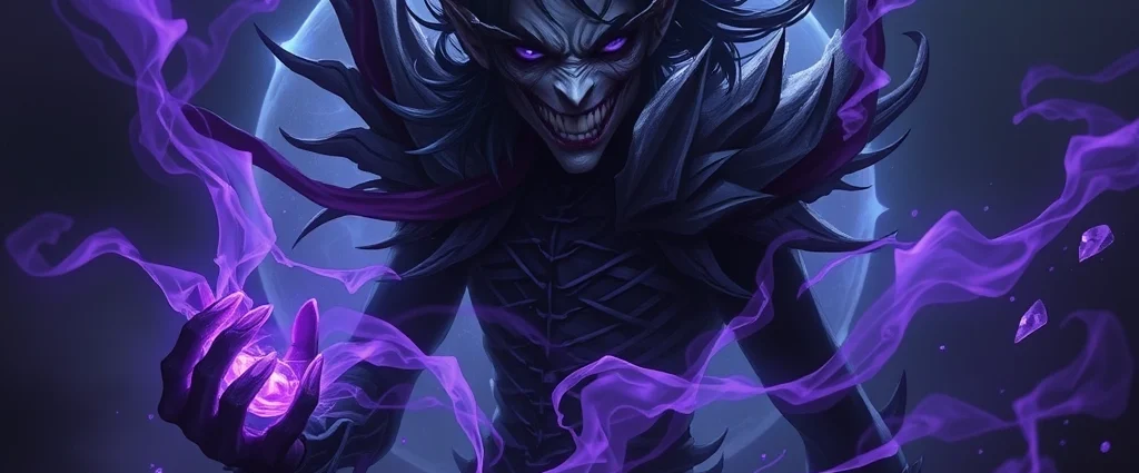 Photorealistic dark fantasy character with shadow-themed magical aura, ethereal purple and black energy swirling around, menacing yet captivating appearance, fantasy game character design