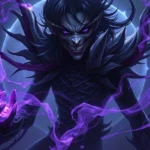 Photorealistic dark fantasy character with shadow-themed magical aura, ethereal purple and black energy swirling around, menacing yet captivating appearance, fantasy game character design