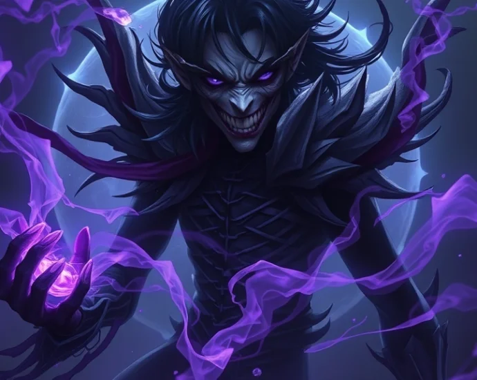 Photorealistic dark fantasy character with shadow-themed magical aura, ethereal purple and black energy swirling around, menacing yet captivating appearance, fantasy game character design