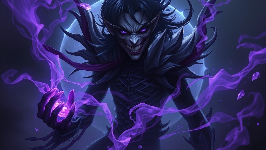 Photorealistic dark fantasy character with shadow-themed magical aura, ethereal purple and black energy swirling around, menacing yet captivating appearance, fantasy game character design