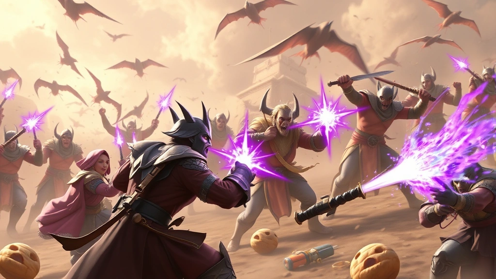 Intense battle scene with multiple fantasy cookies fighting enemies, magical effects and crowd control abilities visualized as glowing purple effects, dynamic action poses, fantasy game combat
