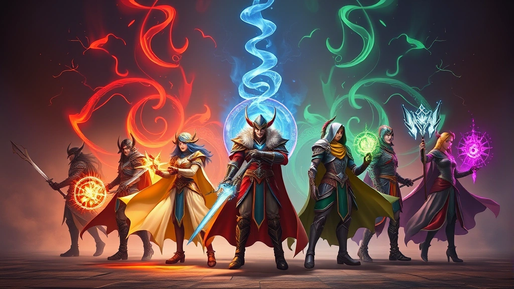 Strategic team composition display showing multiple fantasy game characters standing together in formation, complementary magical auras blending, tactical positioning, fantasy RPG team setup