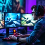 A gamer sitting at a gaming desk with multiple monitors displaying different game screenshots, looking thoughtful while making a decision, photorealistic professional lighting, gaming setup with RGB lighting