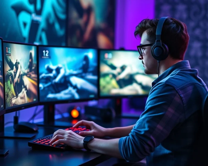 A gamer sitting at a gaming desk with multiple monitors displaying different game screenshots, looking thoughtful while making a decision, photorealistic professional lighting, gaming setup with RGB lighting