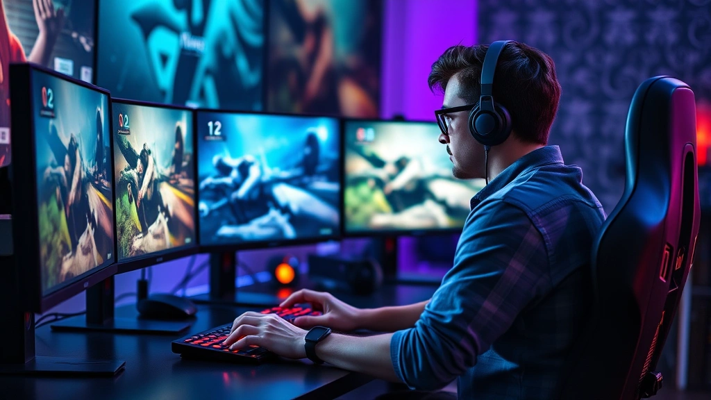 A gamer sitting at a gaming desk with multiple monitors displaying different game screenshots, looking thoughtful while making a decision, photorealistic professional lighting, gaming setup with RGB lighting