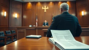 Professional courtroom scene with judge and legal documents, serious atmosphere, photorealistic, modern courthouse interior with wood paneling and judge's bench