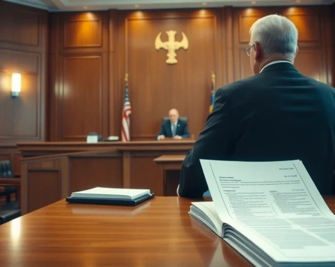Professional courtroom scene with judge and legal documents, serious atmosphere, photorealistic, modern courthouse interior with wood paneling and judge's bench