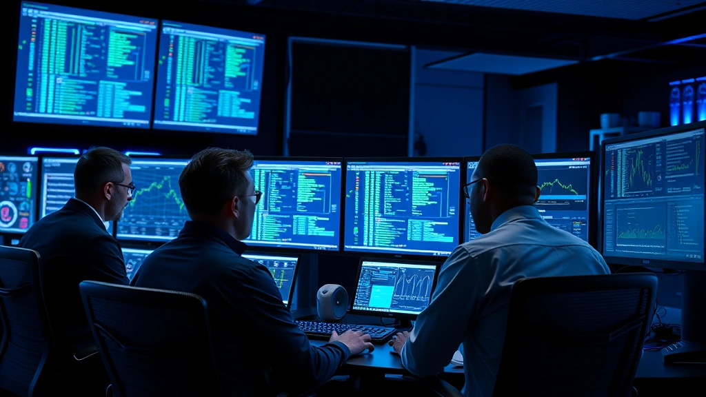 Team of cybersecurity experts monitoring multiple computer screens in a security operations center, blue lighting, focused professionals analyzing data, modern tech environment