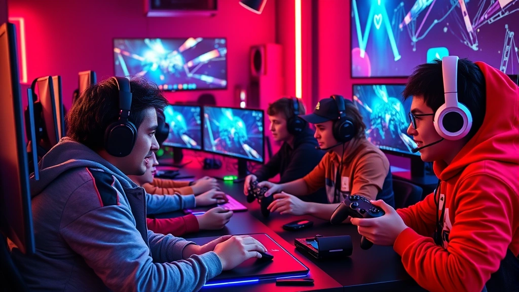 Diverse group of gamers together at gaming setup with multiple monitors and controllers, collaborative gaming session, bright LED lighting, modern gaming peripherals visible