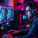 Professional gamer at gaming PC setup with multiple monitors during competitive match, intense focused expression, RGB lighting, high-end gaming peripherals visible, modern gaming room environment