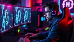 Professional gamer at gaming PC setup with multiple monitors during competitive match, intense focused expression, RGB lighting, high-end gaming peripherals visible, modern gaming room environment