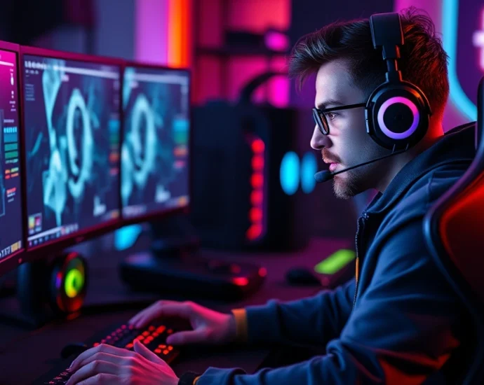 Professional gamer at gaming PC setup with multiple monitors during competitive match, intense focused expression, RGB lighting, high-end gaming peripherals visible, modern gaming room environment