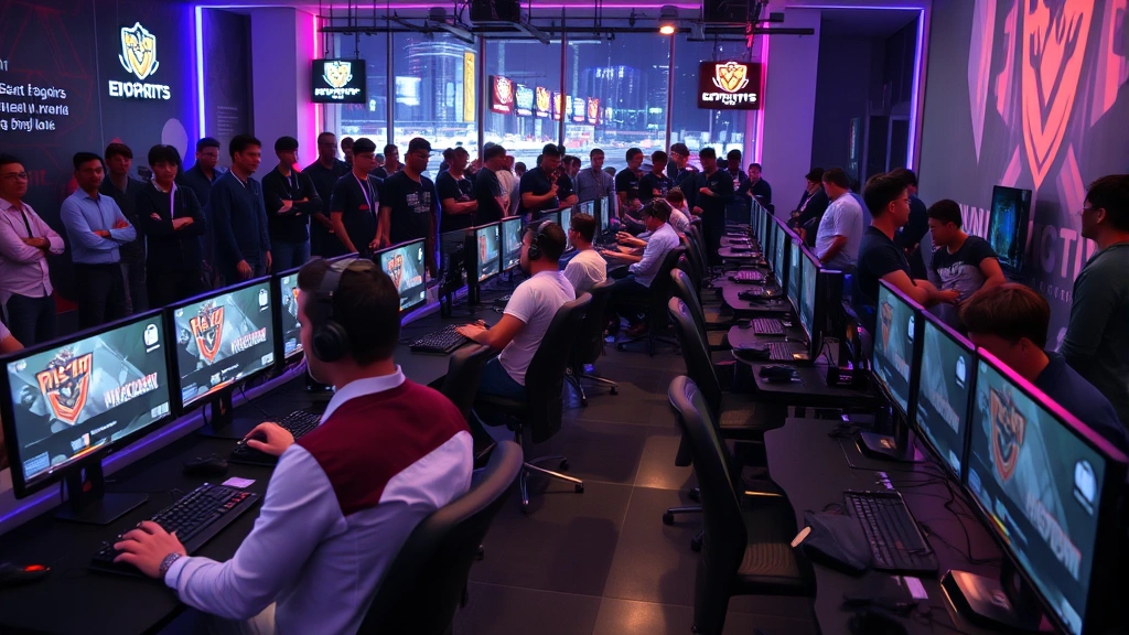 Gaming cafe or esports facility in urban setting with multiple gaming stations, players competing at desks with gaming PCs, spectators watching, professional tournament atmosphere with good lighting