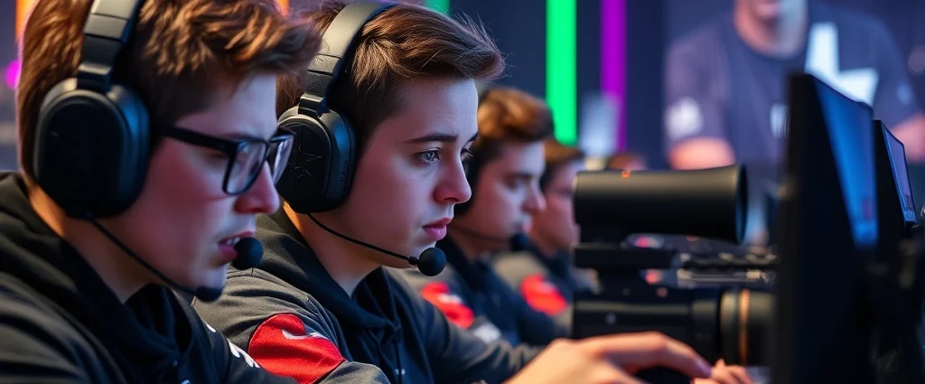 Professional esports players competing in a high-intensity Counter-Strike 2 match at a Pittsburgh gaming arena, intense focus and concentration on their faces, RGB lighting and monitors in background