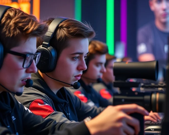 Professional esports players competing in a high-intensity Counter-Strike 2 match at a Pittsburgh gaming arena, intense focus and concentration on their faces, RGB lighting and monitors in background