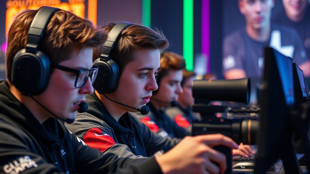Professional esports players competing in a high-intensity Counter-Strike 2 match at a Pittsburgh gaming arena, intense focus and concentration on their faces, RGB lighting and monitors in background
