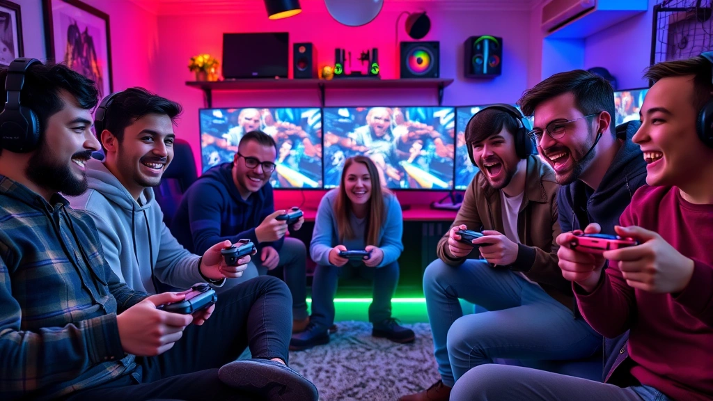 Diverse group of friends playing co-op games together in a cozy gaming lounge, controllers in hands, excited expressions, colorful RGB setup with multiple monitors visible