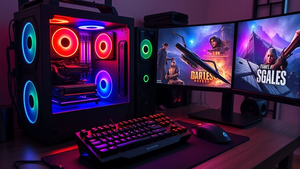 Powerful gaming PC setup with high-end components, glowing RGB lighting, mechanical keyboard and gaming mouse on desk, multiple monitors displaying vibrant game scenes