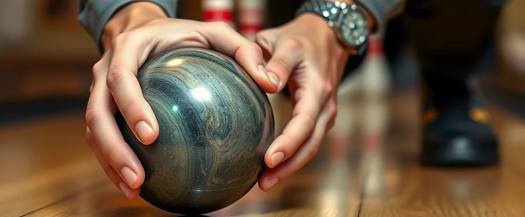 Close-up of skilled hands holding a polished skittles ball with proper grip technique, professional player in action on wooden lane