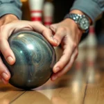 Close-up of skilled hands holding a polished skittles ball with proper grip technique, professional player in action on wooden lane