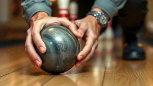 Close-up of skilled hands holding a polished skittles ball with proper grip technique, professional player in action on wooden lane