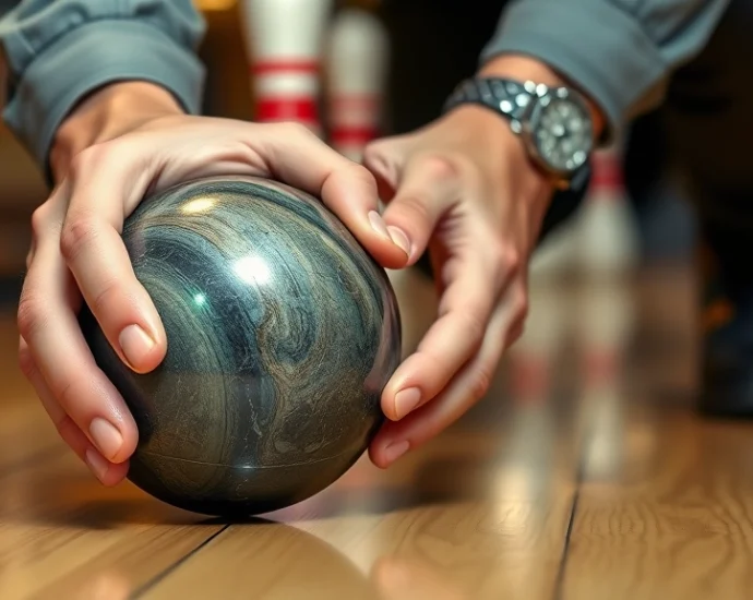 Close-up of skilled hands holding a polished skittles ball with proper grip technique, professional player in action on wooden lane