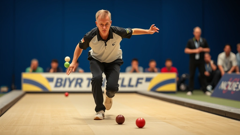 Competitive skittles player mid-delivery, body perfectly balanced and aligned, focused expression during tournament play