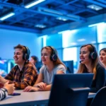 Students wearing headsets playing educational video game together in bright modern classroom with blue lighting, multiple monitors displaying game interface, diverse group engaged and smiling
