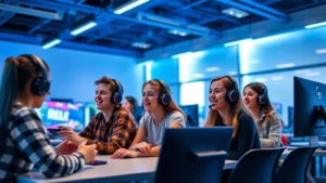 Students wearing headsets playing educational video game together in bright modern classroom with blue lighting, multiple monitors displaying game interface, diverse group engaged and smiling