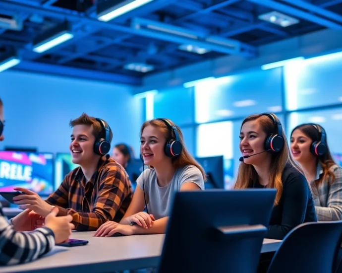Students wearing headsets playing educational video game together in bright modern classroom with blue lighting, multiple monitors displaying game interface, diverse group engaged and smiling