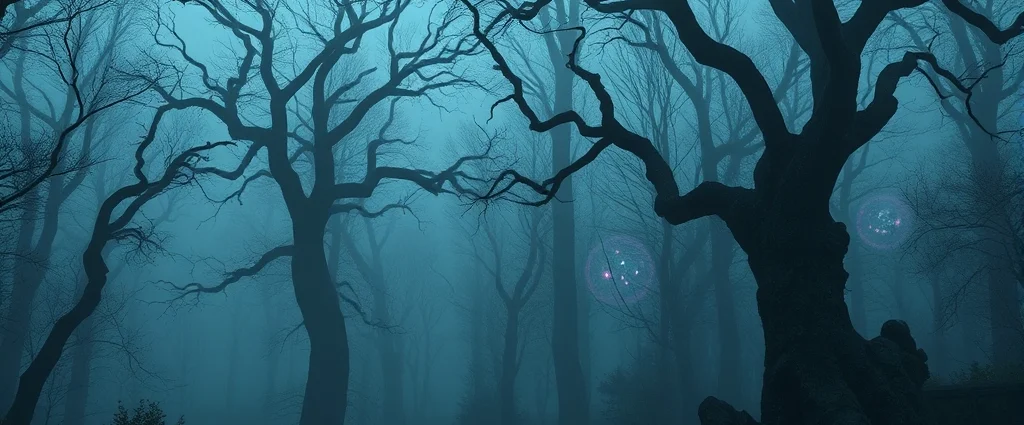 Misty forest clearing at dusk with gnarled trees and ethereal magical lights floating in the air, mysterious and eerie atmosphere, no game UI elements