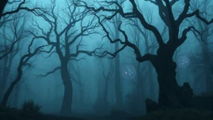 Misty forest clearing at dusk with gnarled trees and ethereal magical lights floating in the air, mysterious and eerie atmosphere, no game UI elements