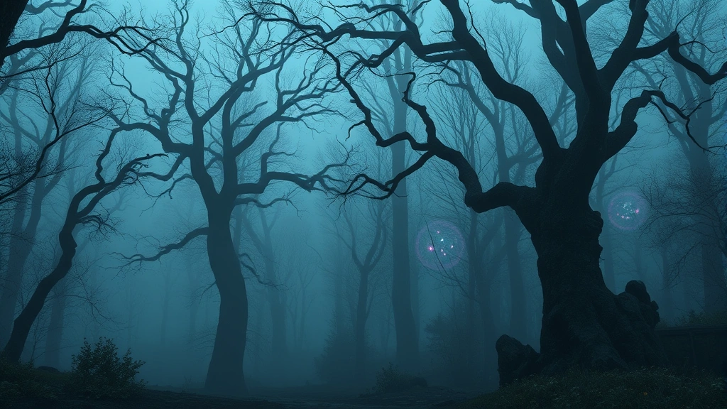 Misty forest clearing at dusk with gnarled trees and ethereal magical lights floating in the air, mysterious and eerie atmosphere, no game UI elements