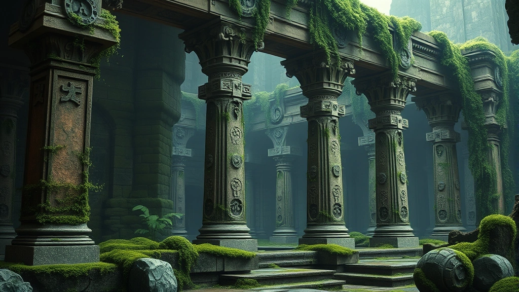Ancient stone temple ruins covered in moss and vines with intricate carved pillars, magical runes glowing softly, photorealistic fantasy architecture