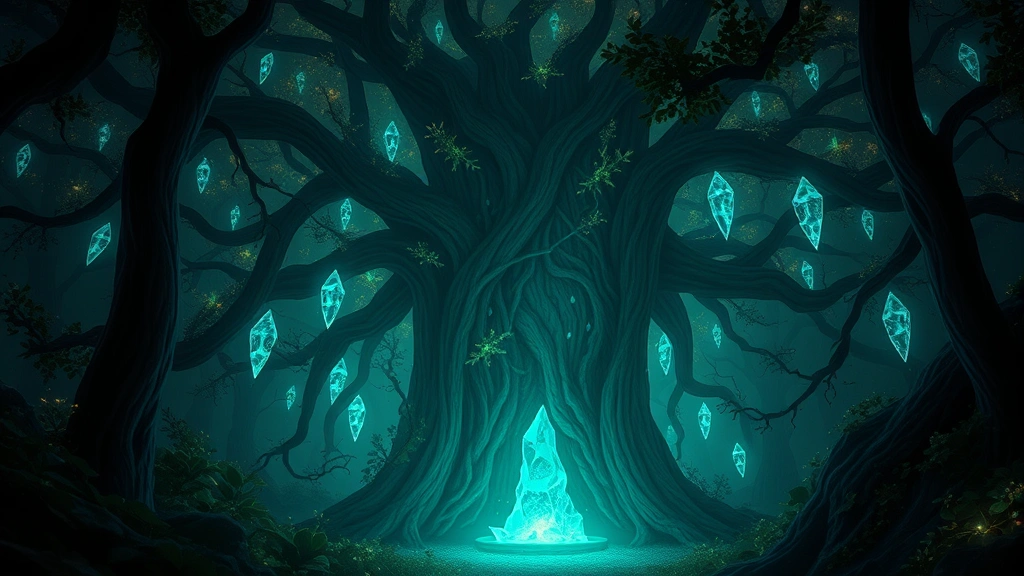 Dark magical forest canopy with bioluminescent plants and floating crystals, mysterious portal-like opening in tree trunk, atmospheric and otherworldly, no text or UI