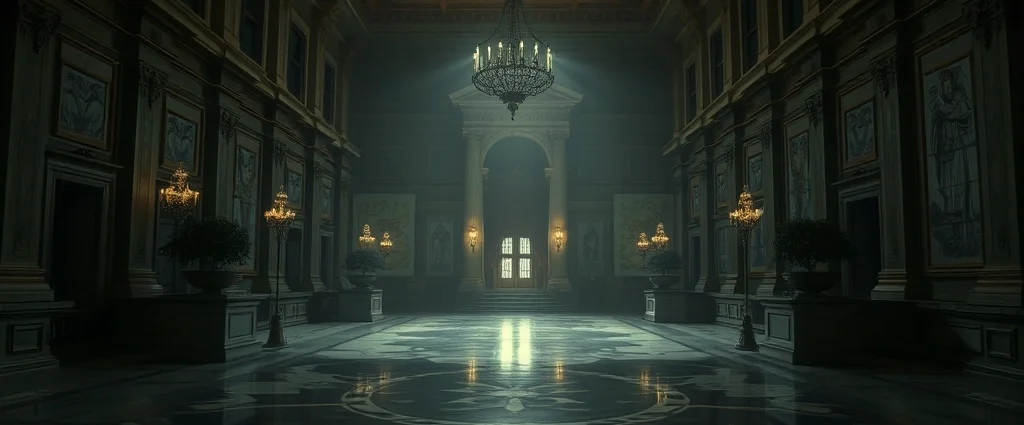 A dark, atmospheric scene of an ornate presidential palace with imposing architecture, cold marble floors, and shadows suggesting surveillance and control, photorealistic style