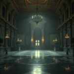 A dark, atmospheric scene of an ornate presidential palace with imposing architecture, cold marble floors, and shadows suggesting surveillance and control, photorealistic style