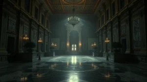 A dark, atmospheric scene of an ornate presidential palace with imposing architecture, cold marble floors, and shadows suggesting surveillance and control, photorealistic style