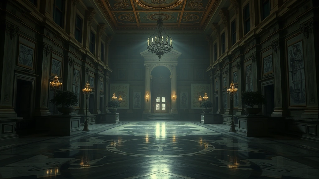 A dark, atmospheric scene of an ornate presidential palace with imposing architecture, cold marble floors, and shadows suggesting surveillance and control, photorealistic style