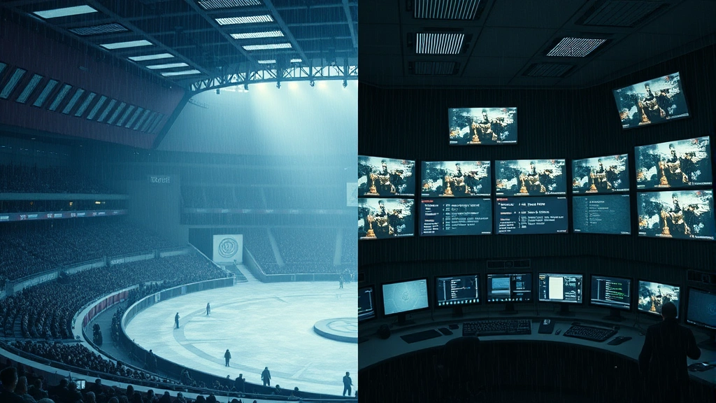 A dramatic split-screen image showing a tribute in an arena on one side and a command center with monitors and control panels on the other, representing Snow's omniscient oversight