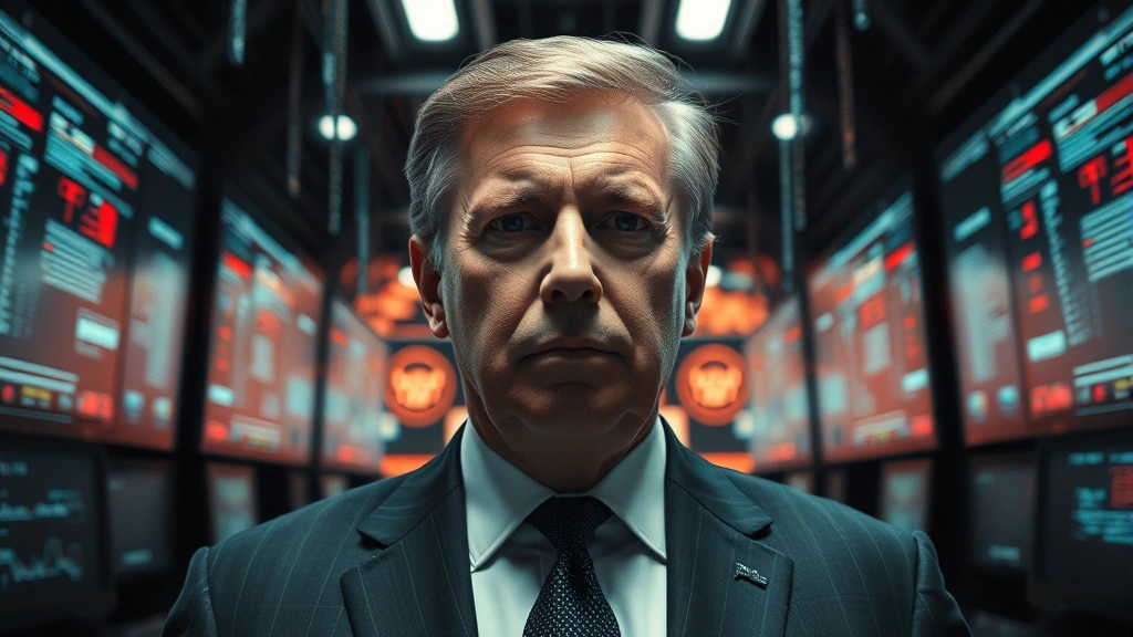 A haunting portrait of a charismatic political leader in formal attire surrounded by screens and data streams, symbolizing information control and psychological manipulation