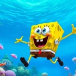Vibrant underwater Bikini Bottom scene with SpongeBob SquarePants in action pose, jellyfish and coral formations visible, bright blue water background, photorealistic game graphics style
