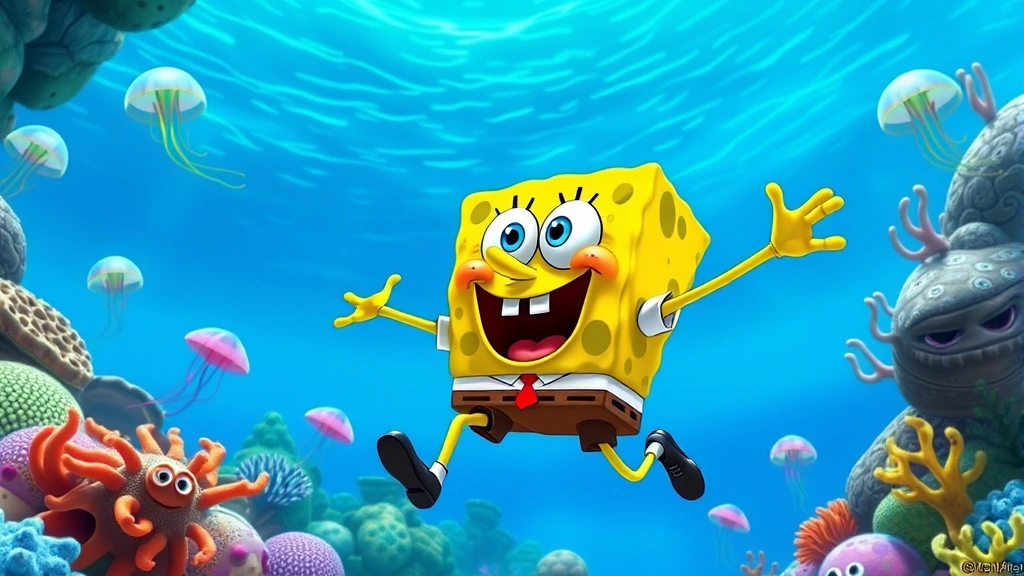 Vibrant underwater Bikini Bottom scene with SpongeBob SquarePants in action pose, jellyfish and coral formations visible, bright blue water background, photorealistic game graphics style