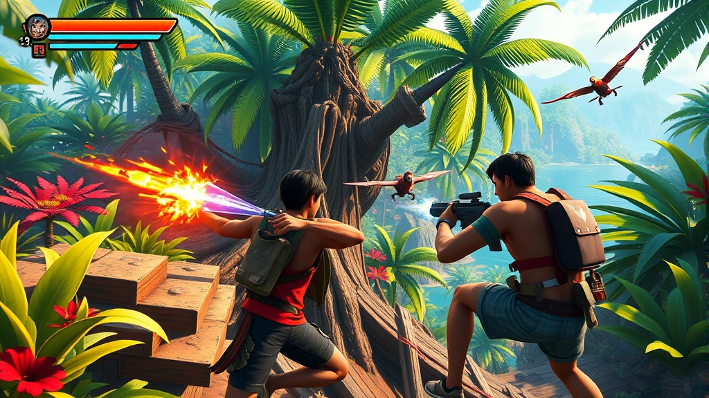 Split-screen co-op gameplay showing two characters working together in colorful tropical environment, one character solving puzzle while other fights enemies, dynamic action scene photorealistic rendering