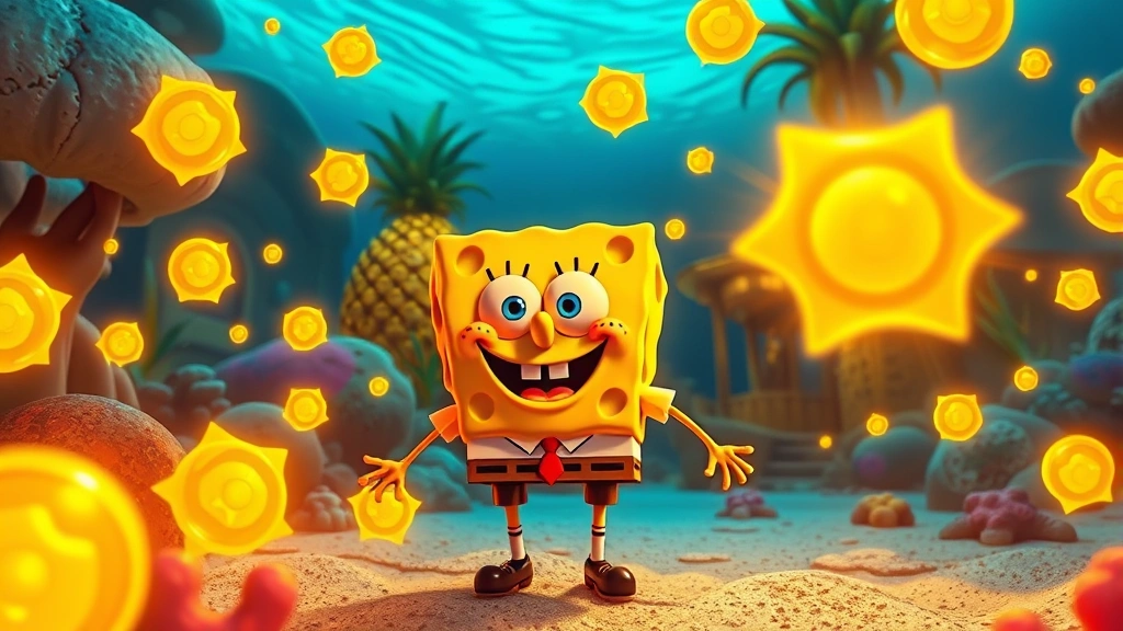 SpongeBob character surrounded by glowing collectibles and power-ups floating in golden light, pineapple house visible in background, underwater kingdom setting with detailed textures, photorealistic game art style