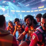 Players gathered in a futuristic arena competing in a colorful challenge-based game, dynamic lighting, diverse characters, intense focused expressions, no UI elements visible