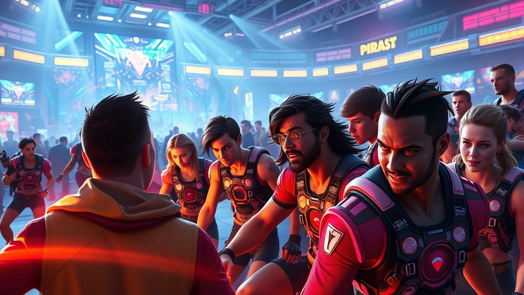 Players gathered in a futuristic arena competing in a colorful challenge-based game, dynamic lighting, diverse characters, intense focused expressions, no UI elements visible