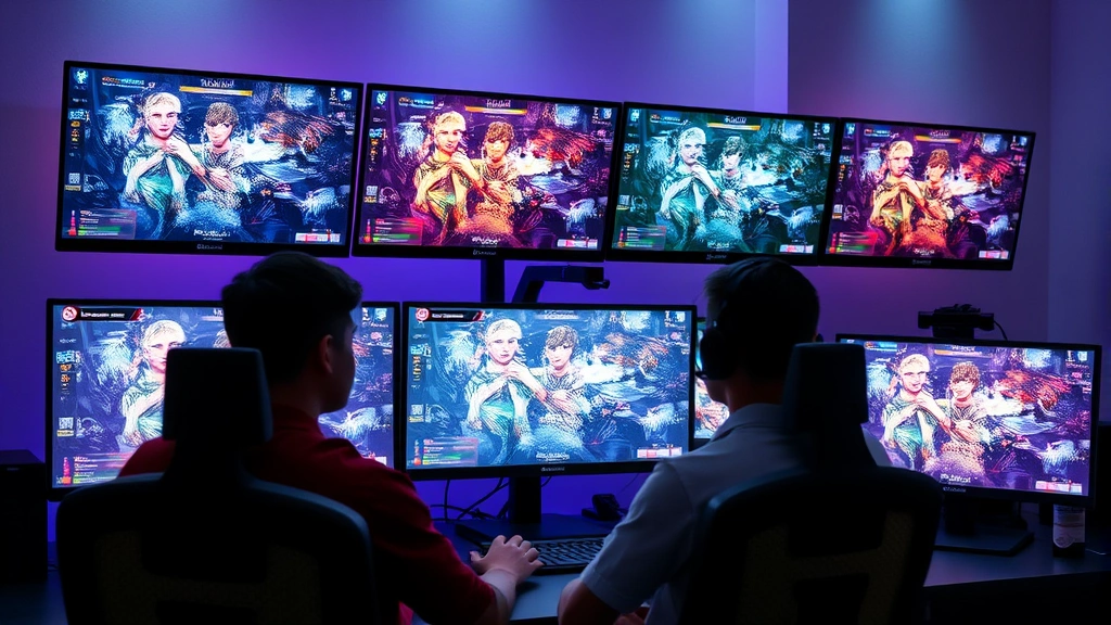 Multiple gaming monitors displaying various challenge scenarios with players concentrating, modern gaming setup, RGB lighting, competitive gaming atmosphere, clean desk environment