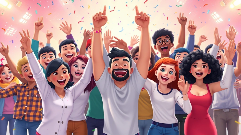 Large group of animated characters of different appearances celebrating victory in a bright virtual space, confetti-like effects, positive energy, diverse representation, vibrant colors